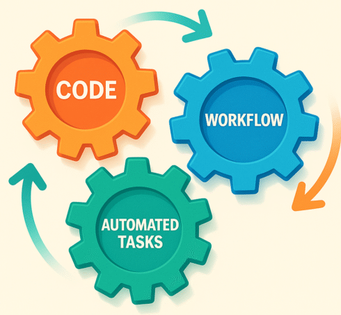 Stylized gears/flow diagram labeled “Code → Workflow → Automated Tasks